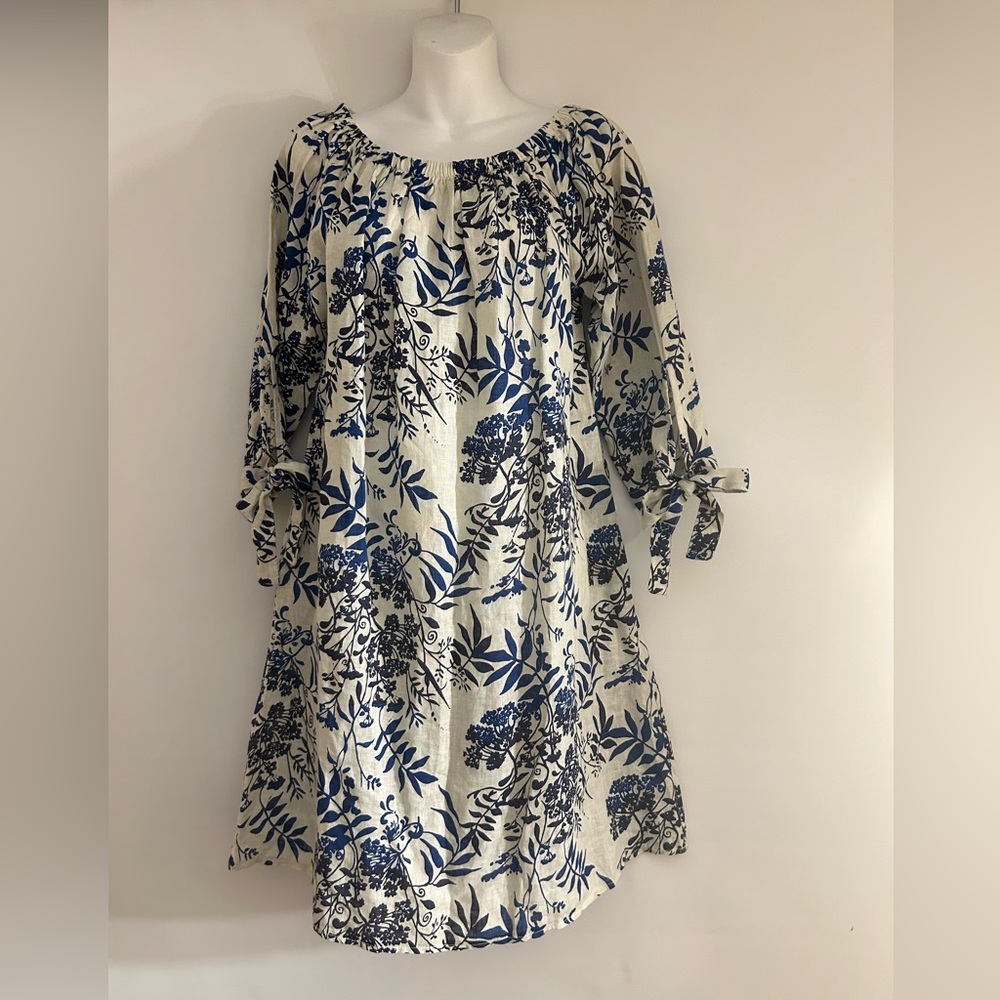 Valentina Cream Tunic Dress with Blue Floral Print